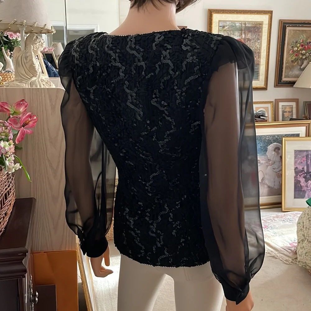 NWOT Vintage Black Sequin and Chiffon Statement Blouse J. Benjamin